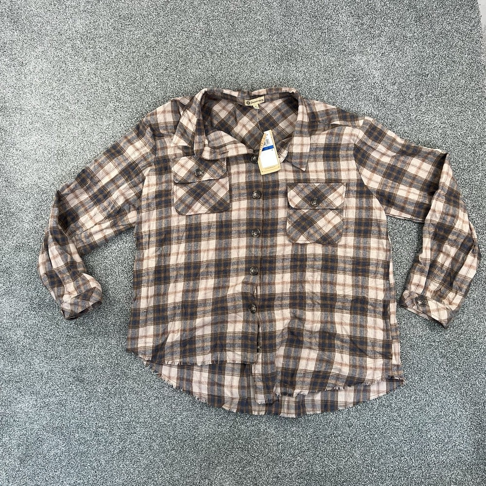 Democracy Womens XL Plaid Button Down Shirt Shacket NWT Brown Blue